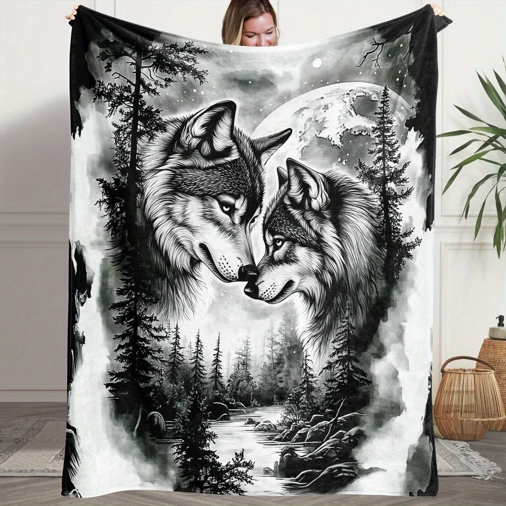 Black White Ink Two Wolves Pine Forest Full Moon River Print Warm Blanket For Bedroom Sofa Camping Home Leisure Daily Household