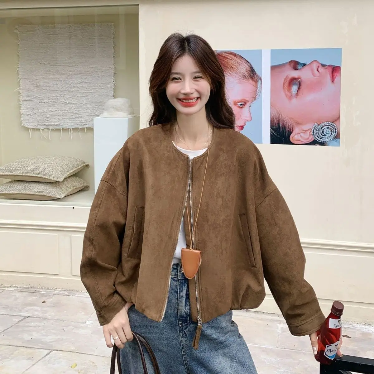 

Осенняя новая свободная ретро универсальная куртка на молнии с круглым вырезом, стильный топ, женская куртка кофейного цвета, верхняя одежда