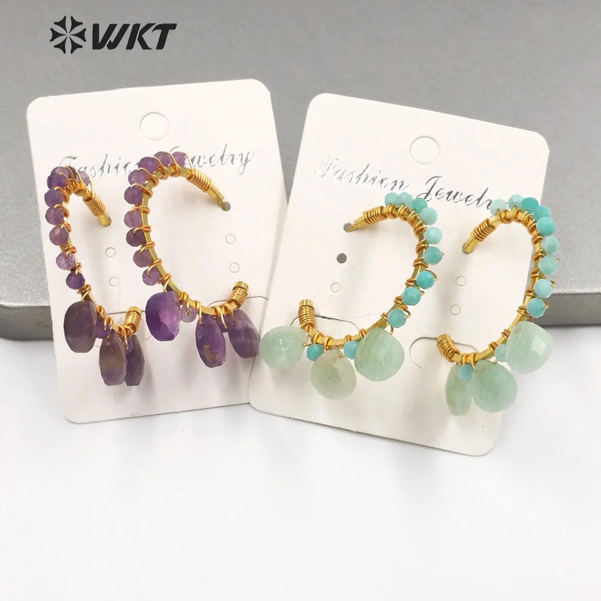 WT-E694 new attractive gold plated C shape wire wrapped stone earrings Attractive teardrop stone crescent moon earrings