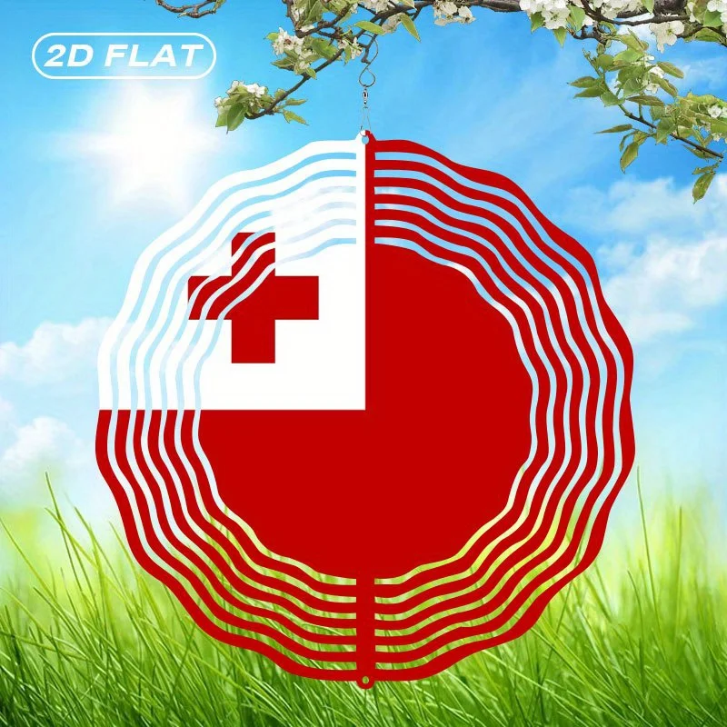 2D Flat, 1pc Metal Rotating Hanging Wind Chime - Swiss Flag Design, Indoor/Outdoor Garden Decor with Red Cross Emblem