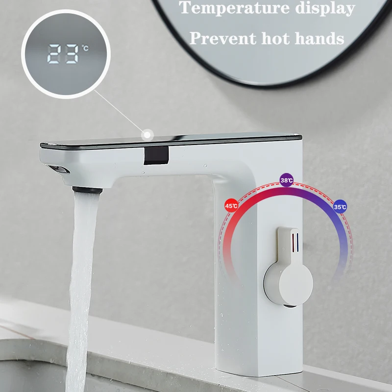 White Touchless Sensor Basin Faucet Smart Digital Display Bathroom Sink Faucet Grey Sense Hot Cold Water Mixer Tap Battery Power