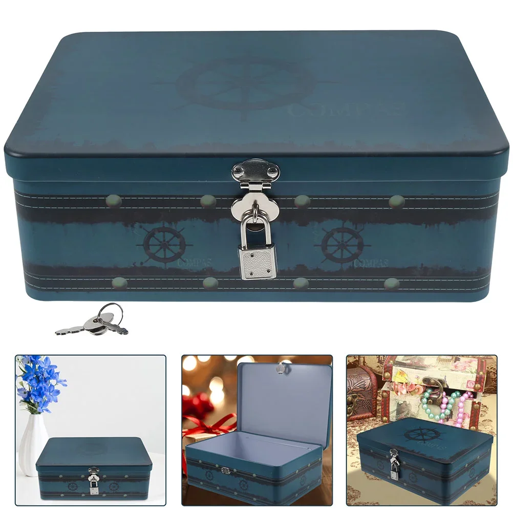 

Retro Tinplate Box Metal Box Multi-purpose Storage Box with Lock Trinket Organizer