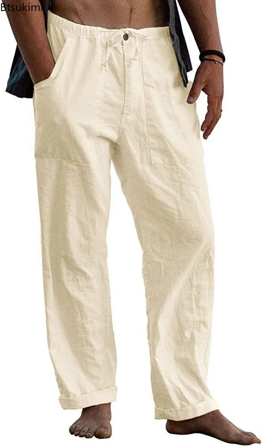 Pantalones transpirables de algodón y lino para hombre, pantalón informal, holgado, liso, con bolsillo y cordón, para Yoga, verano, 2024