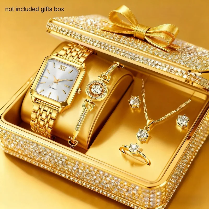 Exquisite Women Quartz Wristwatch Roman Style Light Luxury Minimalist Bracelet and Necklace Set Matching Jewelry for Daily Wear