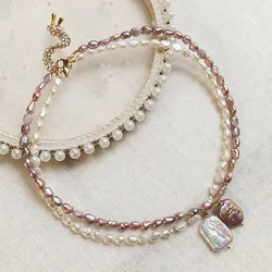 New Natural Freshwater Pearl Necklace Irregular Square Charm Small Purple White Baroque Pearl Short Choker Wedding Jewelry Women