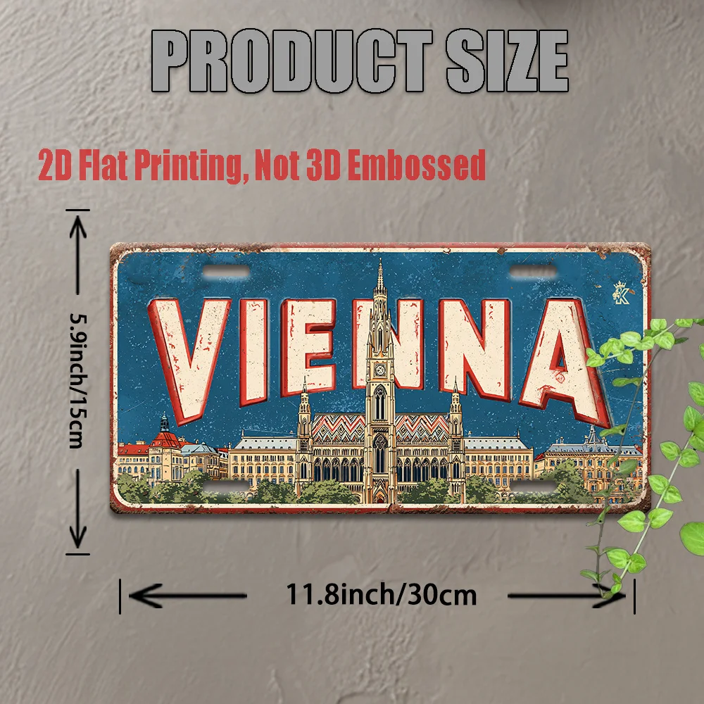 2D flat retro metal license plate featuring Vienna cityscape landmarks with historic buildings, suitable for homes, bars,garages