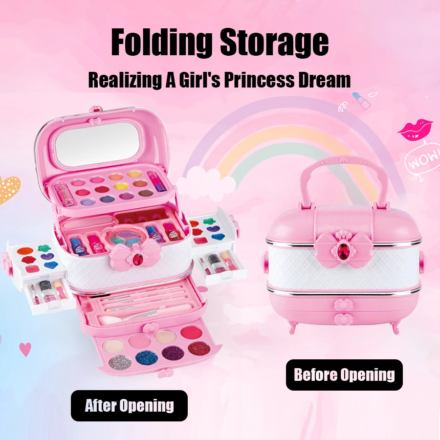 Kids Makeup Kit For Girls Princess Real Washable Pretend Play Cosmetic Set Toys With Mirror Non Toxic Safe Birthday Gifts M714