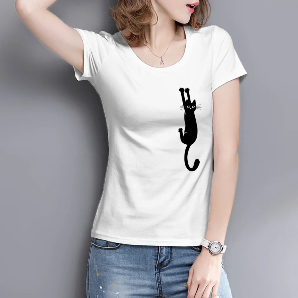 Camiseta de manga corta estampada con gato negro para mujer, estilo Harajuku, nuevo top de verano