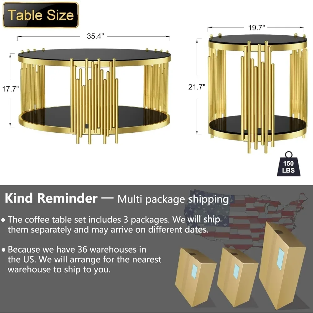 مجموعة من 3 طاولات قهوة زجاجية مستديرة لغرفة المعيشة الحديثة، سطح زجاجي فاخر من الفولاذ المقاوم للصدأ غير منتظم الساق، 31.5 بوصة