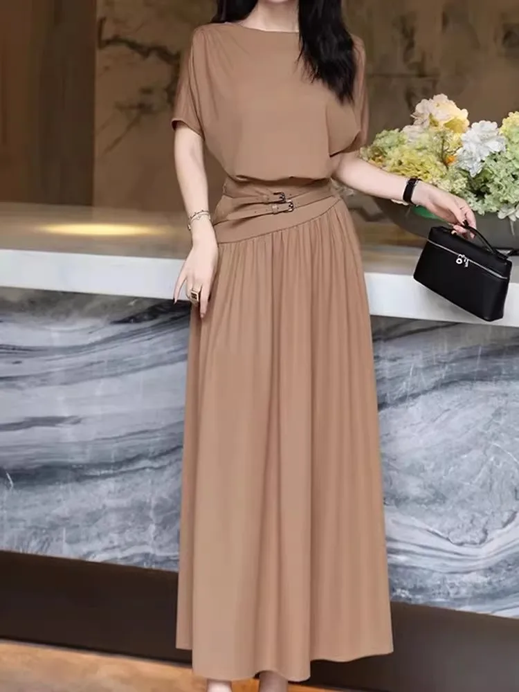

High Quality Fake Two Piece Long Dresses Spring Women O-neck Short Sleeves Slim Dress Autumn Female High Waist Knee Length Dress