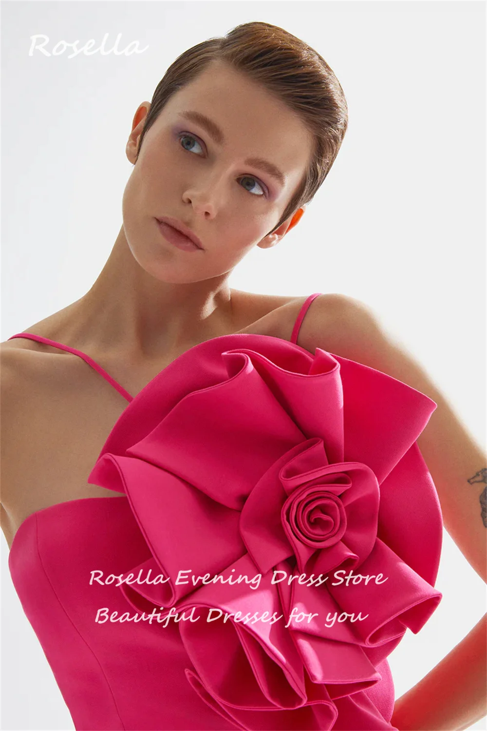 ROSELLA-Sexy vestidos de noite rosa para mulheres, cintas de espaguete, grande flor 3D, comprimento do tornozelo, alta divisão, vestido para eventos formais, novo, 2023