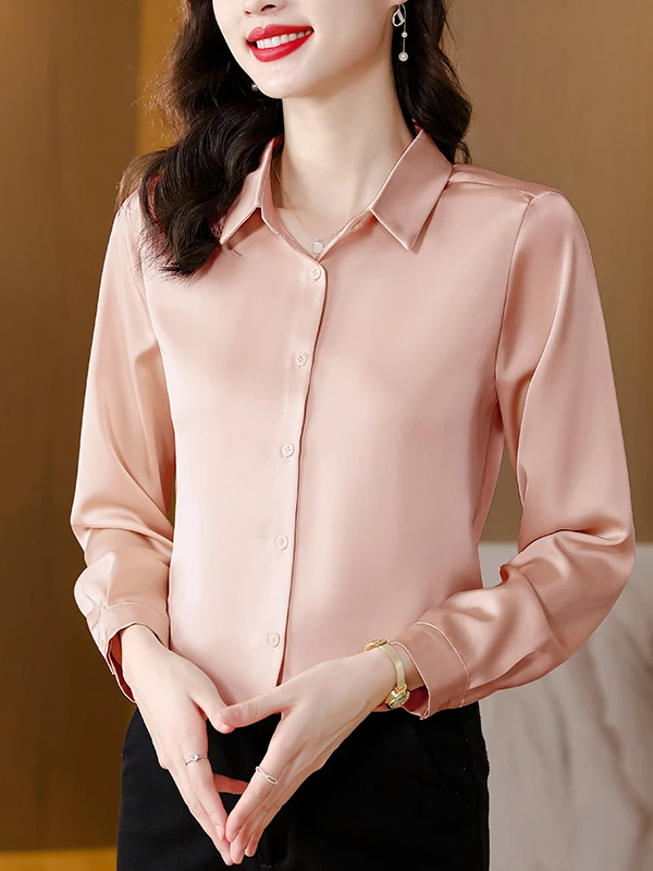 ร้านเสื้อผ้าผู้หญิง Ele Silk รุ่นพิเศษ S สำหรับฤดูใบไม้ผลิและฤดูใบไม้ร่วง แบรนด์ Bule แฟชั่นลำลอง สีพื้น ปกเสื้อ