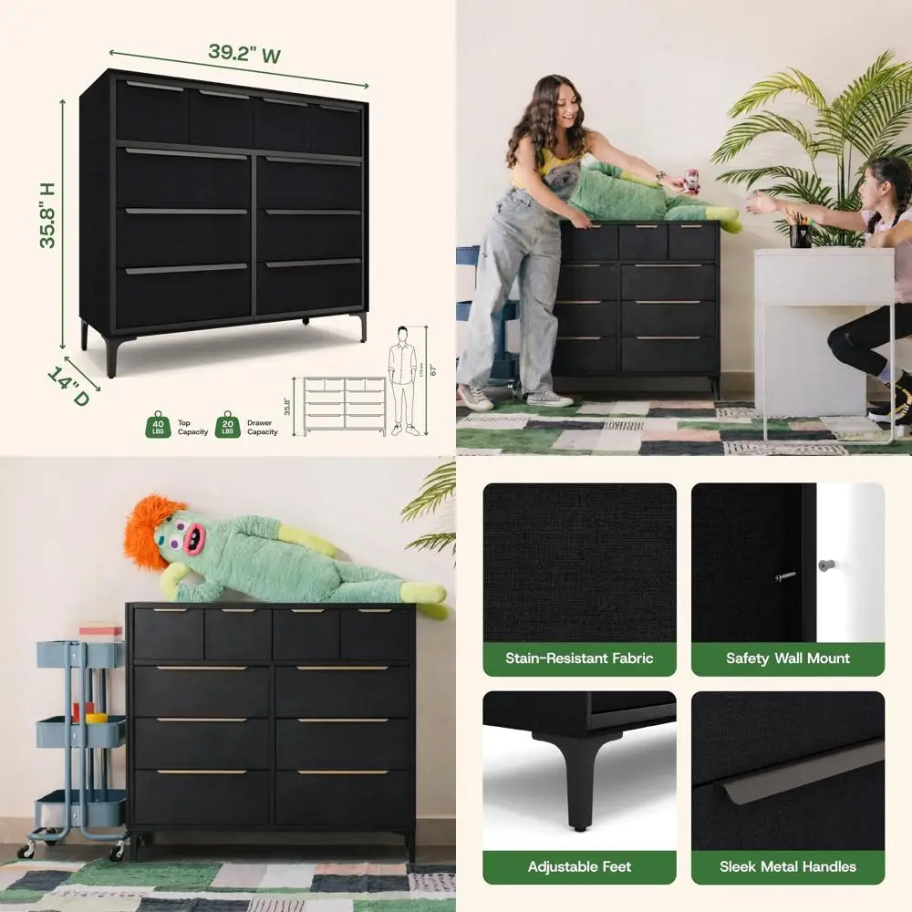 Heavy-Duty Metal Storage Chest with Sag-Proof Drawers for Bedroom, Durable Black Finish and Sleek Handles