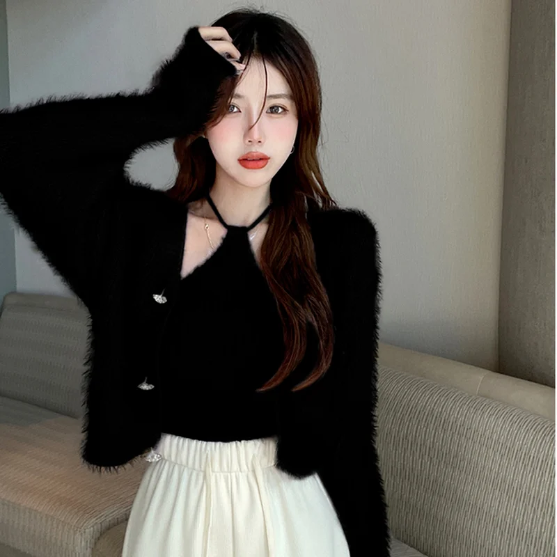 Woherb Mohair Knitted Two Pieces Set Women 2024 Korean Chic Crop Cardigan + Halter Tops Vest Laides Casual Spring Sexy Outfits