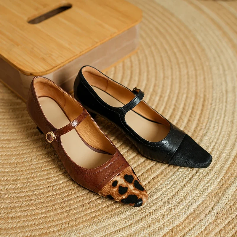 

2025 new spring autumn women pumps natural leather 22-25cm sheepskin+horsehair+pigskin buckle Mary Jane Shoes thick heel