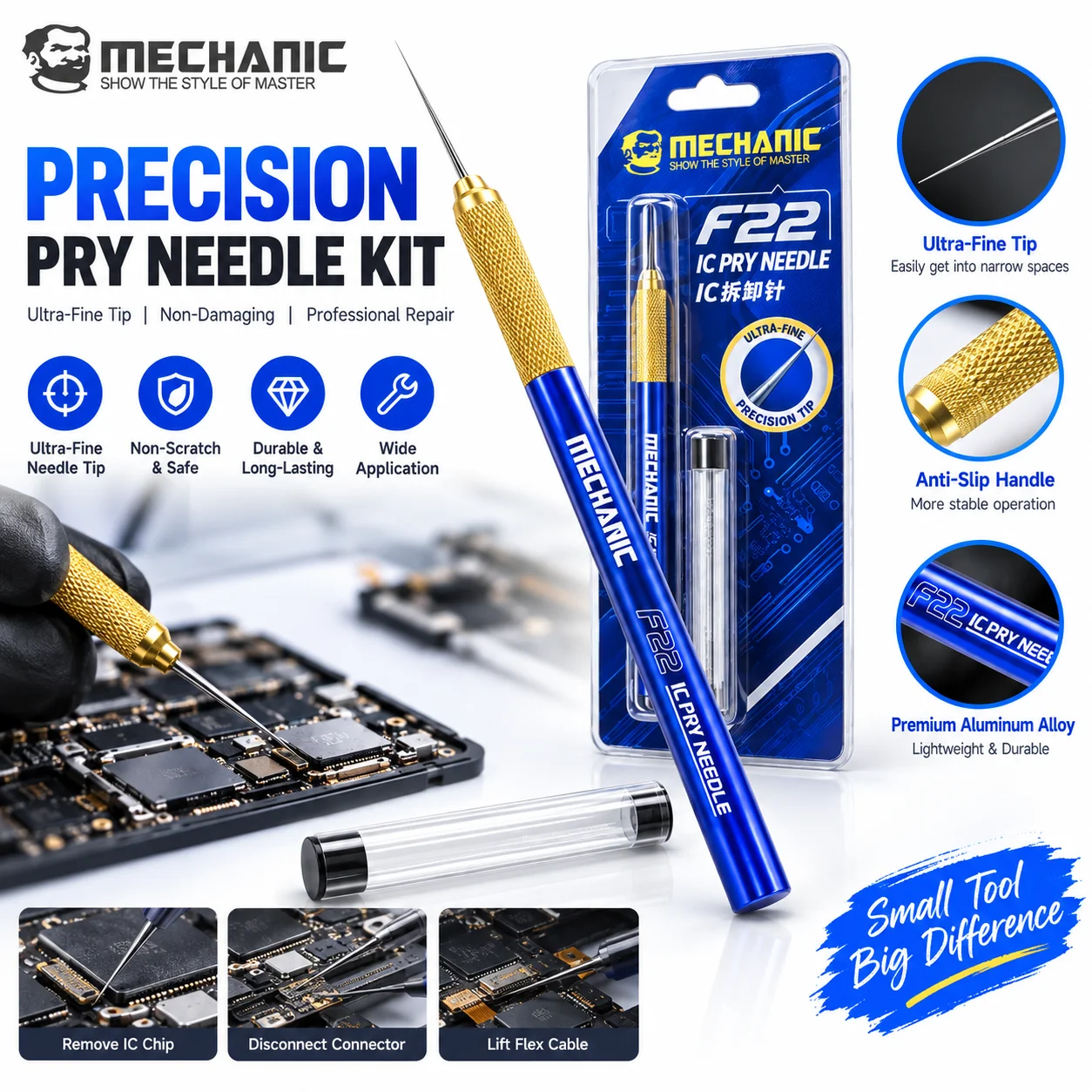 Mechanic F22 IC Precision Pry Needle Set High Hardness Tip NO Damage for Mobile Phone Motherboard Chip Remove Repair Tools