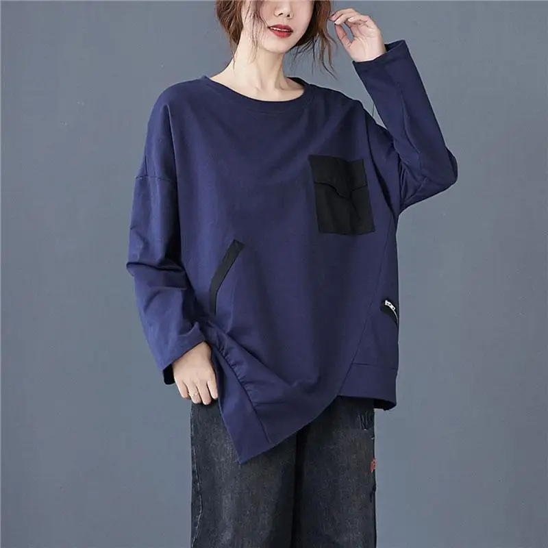 Dimanaf 2024 Plus Size Women T-Shirt Casual Vintage Patchwork Zipper Pullover Cotton Solid Autumn Tee Shirt New Big Size Tops