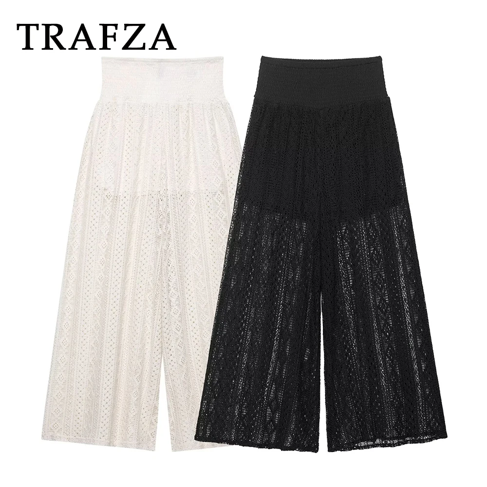 

TRAFZA Chic Lace Sexy Woman Casual Hollow Out Wide Leg Pants Elastic High Waist Loose Female Trousers Streetwear Mujer Pants