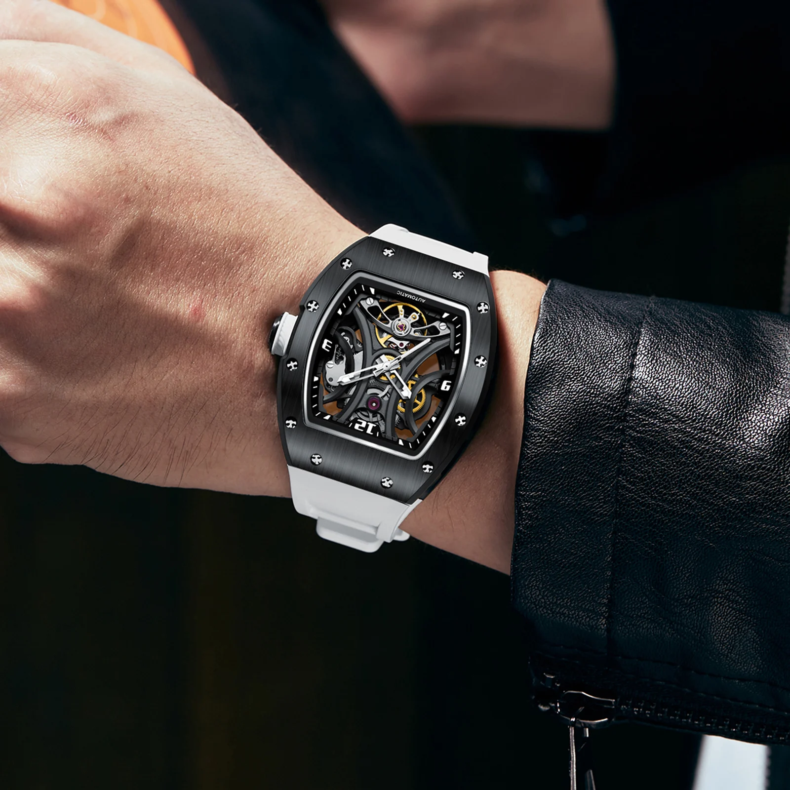 

Carbon Fiber Automatic Watch Men 3D Diamond Dial Irregular Tourbillon Skeleton Mechanical Wristwatches Luminous Hands Clock