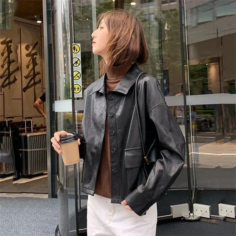 Genuine Leather Jacket For Women\'s Korean Version Loose Jacket 2024 Spring Autumn Short Short Short Jacket Retro Motorcycle Suit