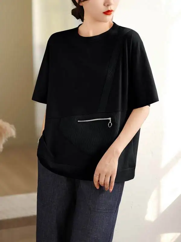 Unique Beautiful Early Summer Women's T-irt Casual Zipper round Ne ort Sve Anti-Aging Trendy 2025 New Summer Top