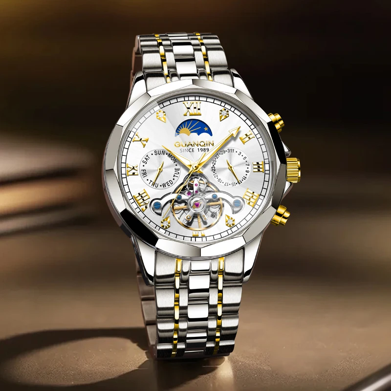 GUANQIN Men's Watches Luxury Fashion Multi-functional Automatic Mechanical Flywheel Wristwatch Moon Phase Calendar Waterproof