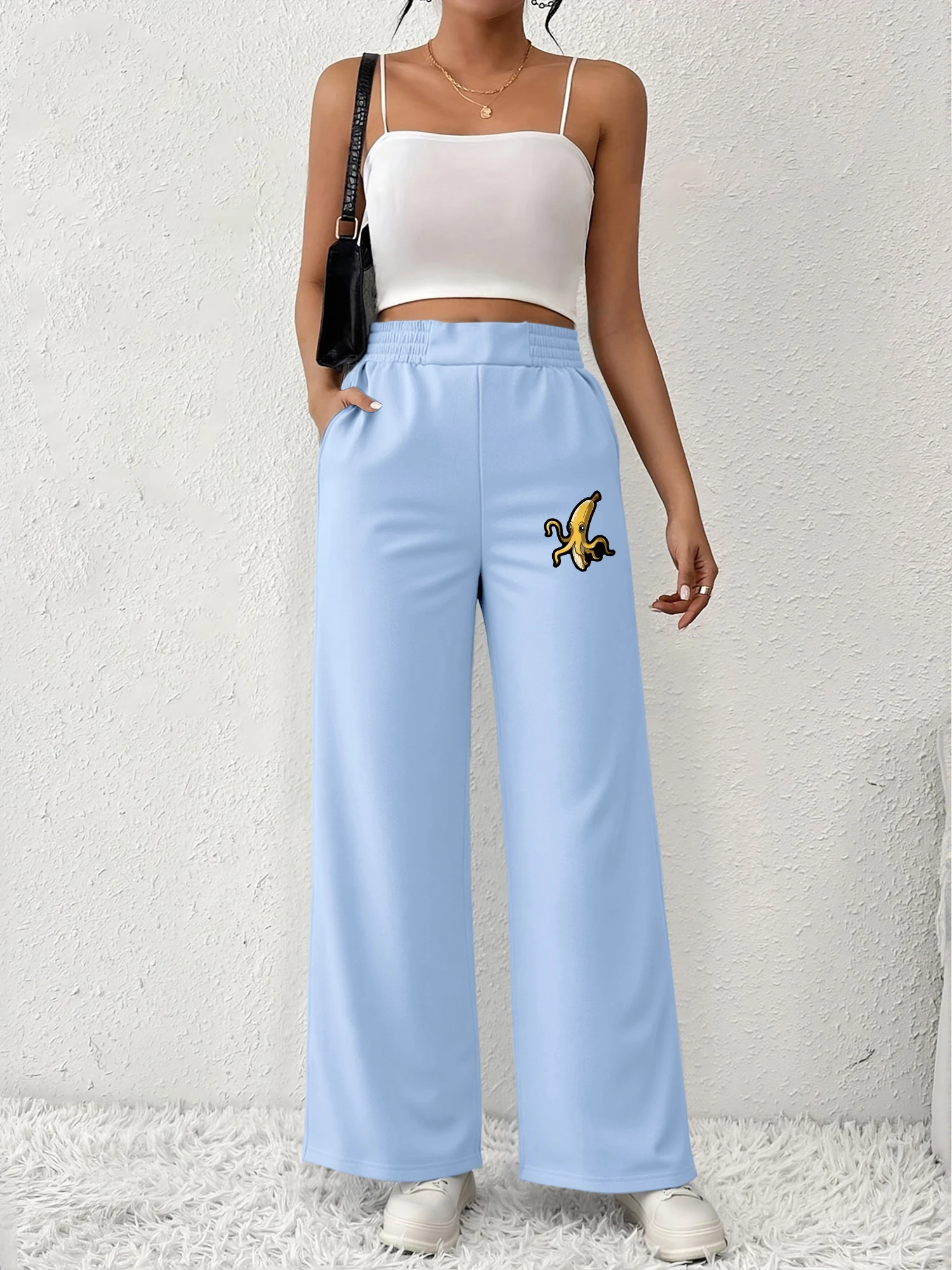 

Banana Octopus Print Women's High Waist Wide Leg Pants Elastic Waist Casual Joggers Funny Streetwear