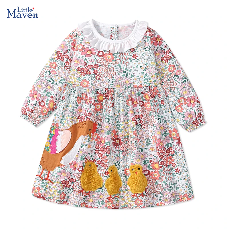 Little maven Kids Clothes 2024 Autumn Spring Children\'s Clothing Girls Long Sleeves Cartoon Flowers Casual Chick Dress Cotton