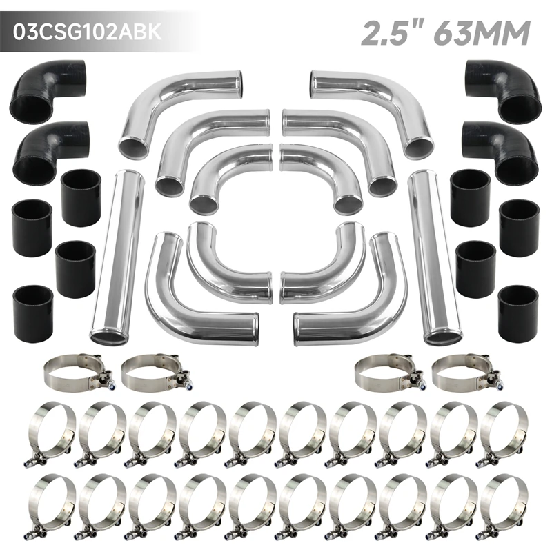 2.5 "63mm uniwersalne 12 szt. Rura intercoolera Turbo orurowania + silikonowy przewód złącze T-zestaw zacisków polerowane aluminium