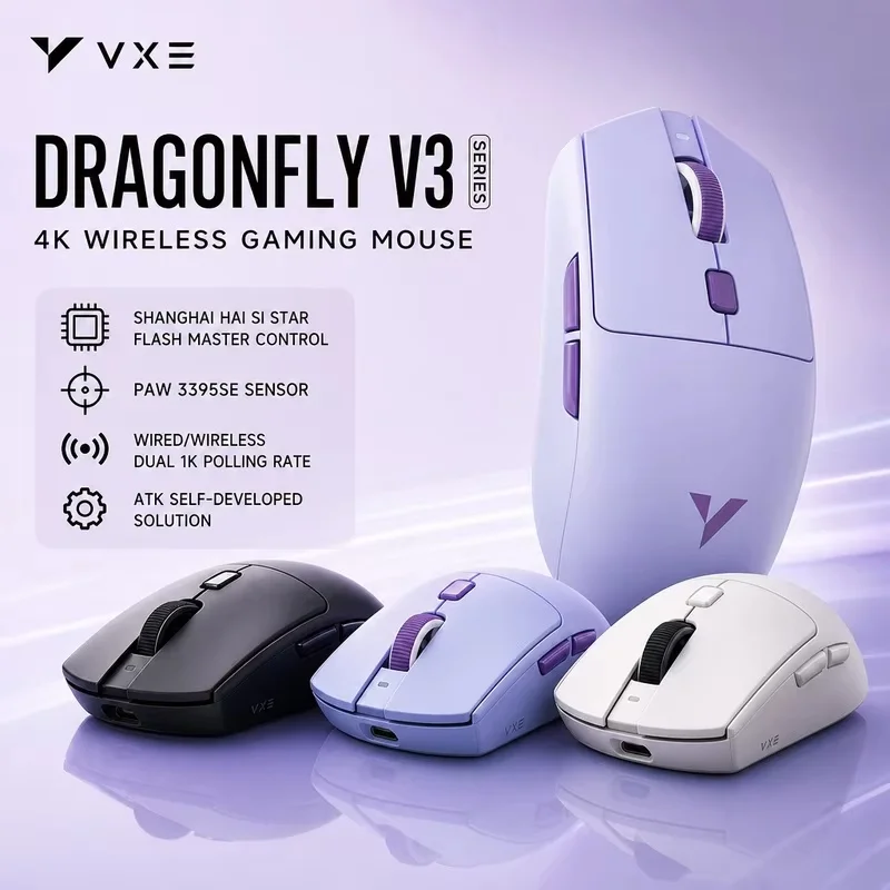 ATK VXE Dragonfly V3 Pro Wireless Mouse 4-mode Dual 1K 520mAh PAW3395SE/Xhero AI Sensor Long Endurance for Office Gaming Mouse