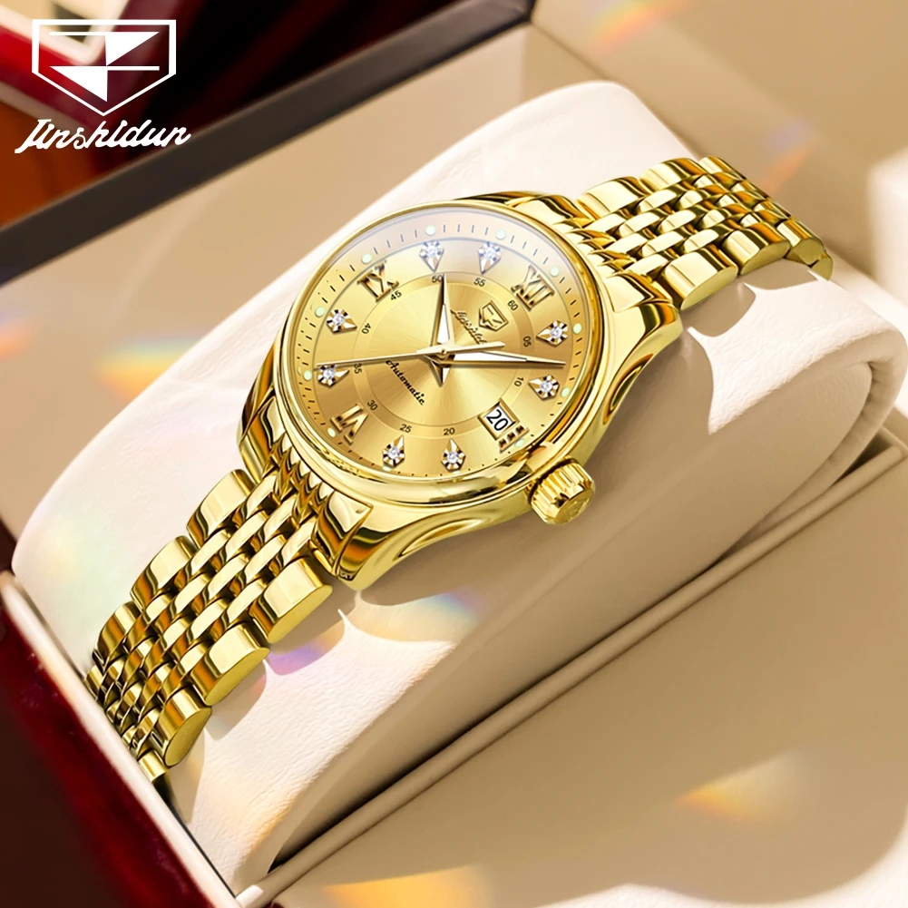 

JSDUN элегантные модные роскошные автоматические механические женские часы из нержавеющей стали, оригинальные водонепроницаемые часы с календарем для женщин