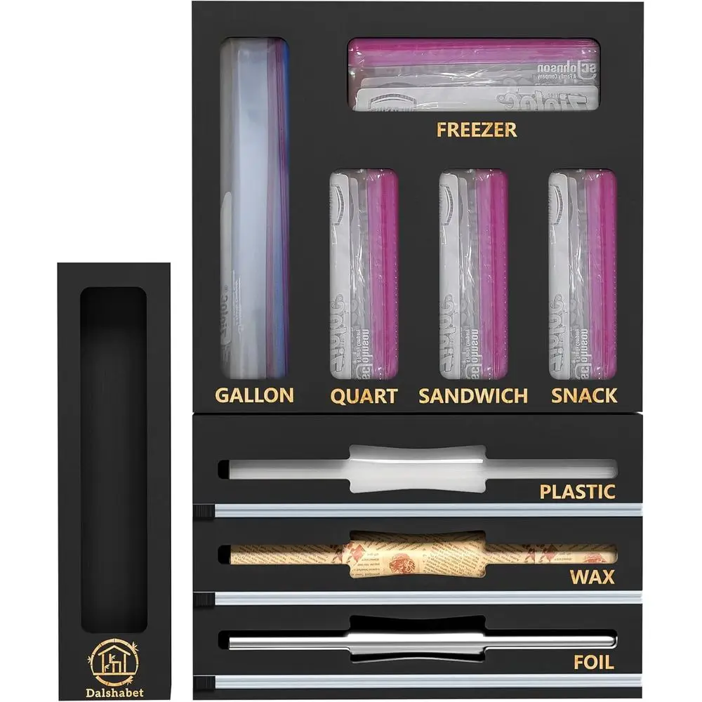 

9 IN1 Bamboo Storage Bag Drawer Organizer with Cutter, Foil and Plastic Wrap Dispenser for Kitchen Storage Compatible with All B