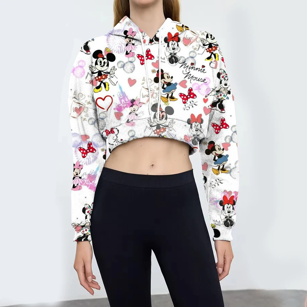 Women Cropped Sweatshirt Jacket Clothes Hoodies Women's Pockets Long Sleeve Pullovers Disney Minnie Mickey Mouse Female Tops