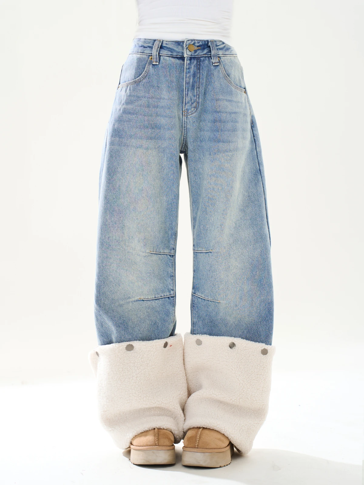 

ENJOG Detachable Fce Leggings High Waist Loose Fit Women's Jeans American Design Winter Casual Waed l Waist kets
