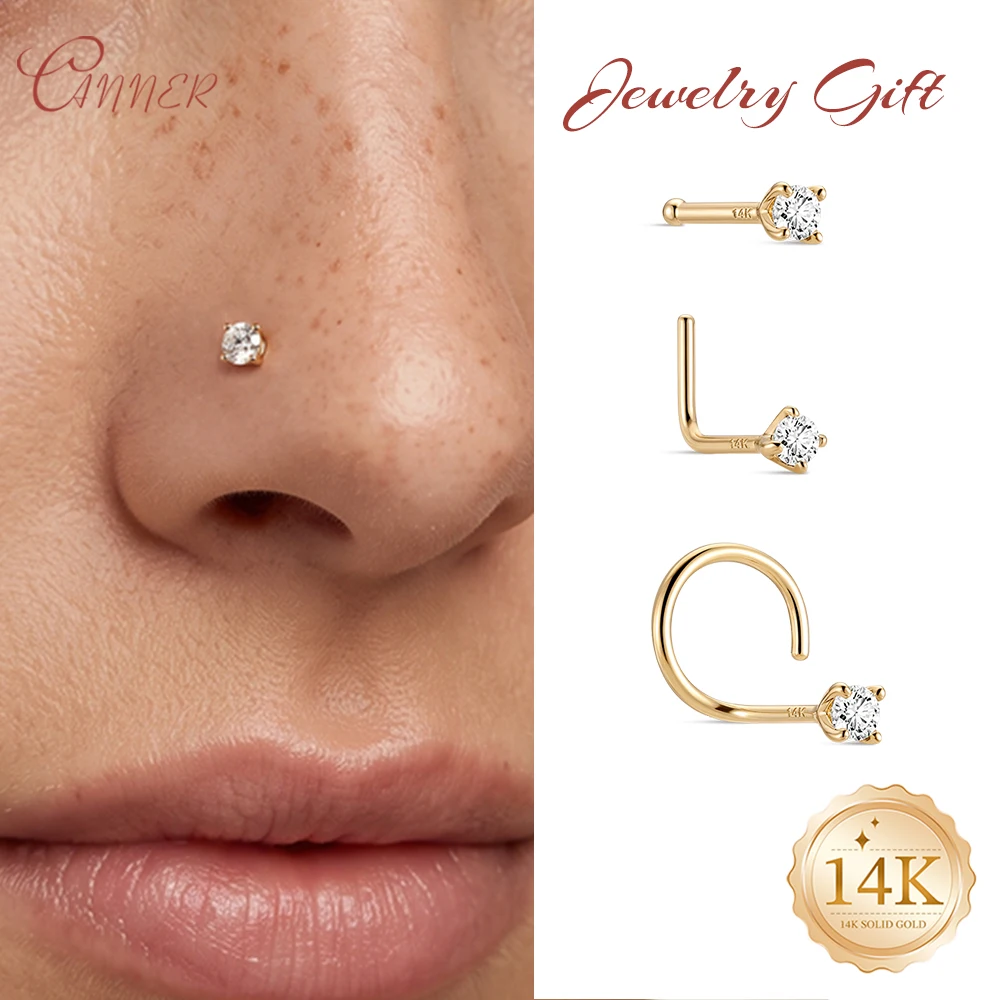 CANNER Piercing de Nariz de Oro Sólido de 14K con Zirconia, 1 Pieza, Cristal Redondo Brillante, Piercing de Nariz con Tornillo, Piercing de Fosa Nasal en Forma de L, Joyería de 2MM