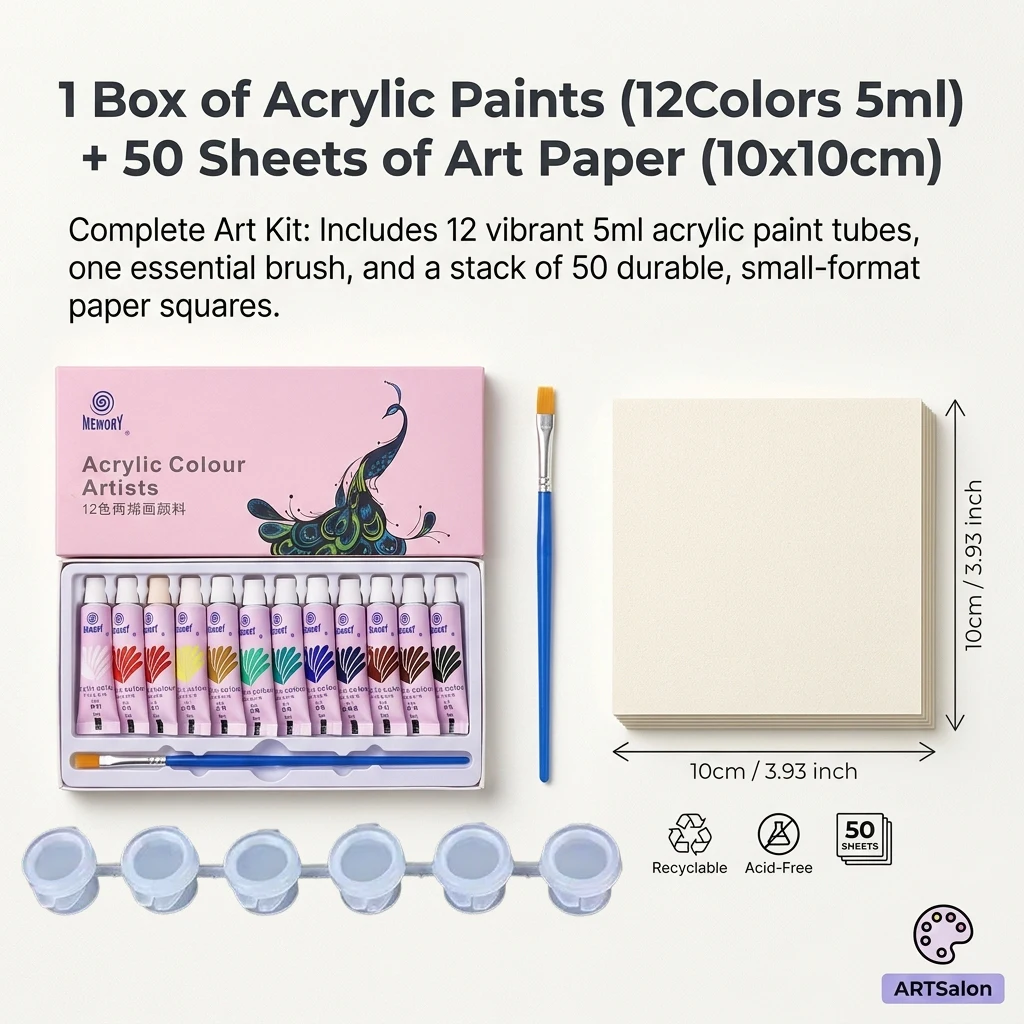 12/24 color 5ml acrylic painting paints + 50 sheets of 10*10cm watercolor paper + paint box, suitable for student painting paint