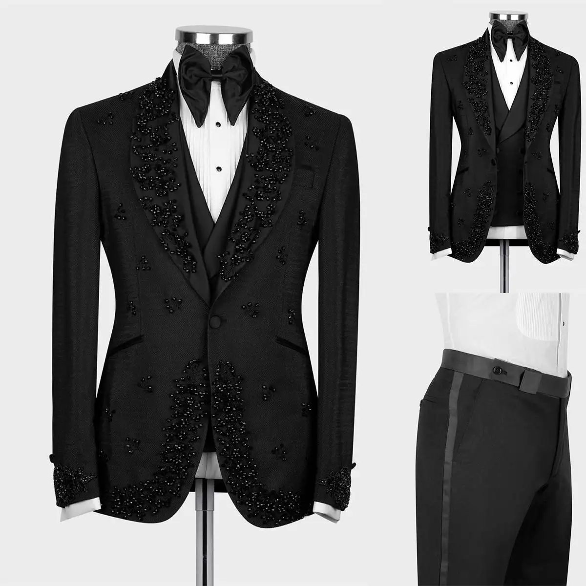 Black Beads Men Wedding Tuxedos Shawl Lapel Groom Banquet Wear 2 Pieces Tailored Birthday Party Prom Fashion Show Pants Sets