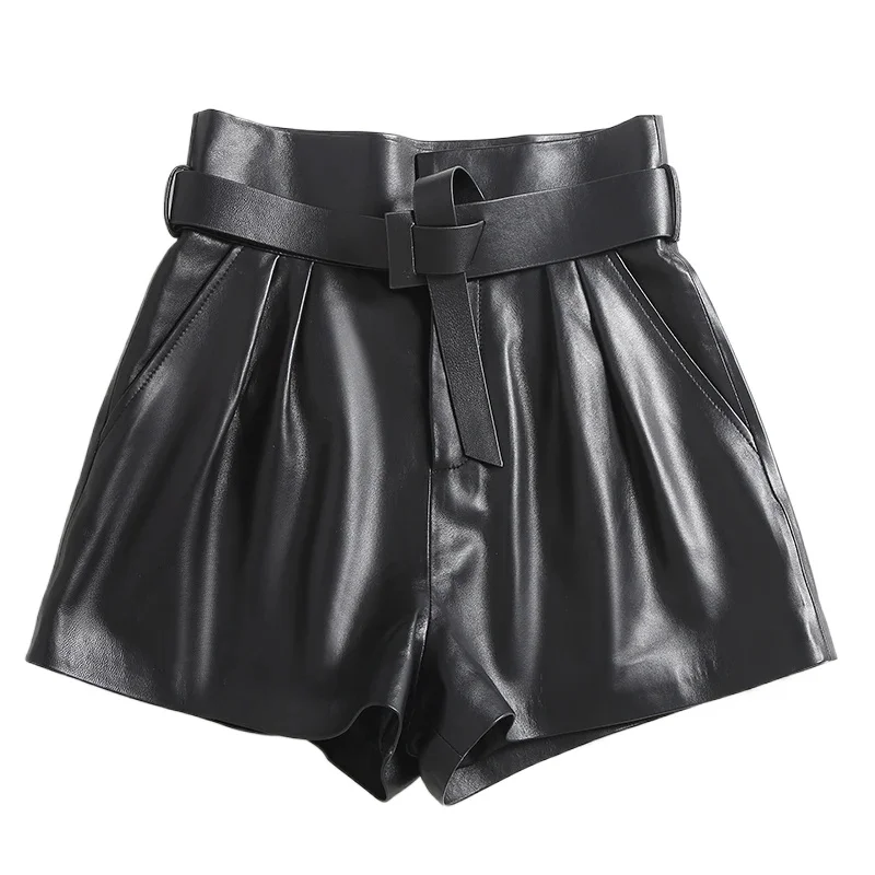 

Tajiyane Streetwear Women Genuine Leather Wide Leg Trousers Woman Shorts Real Sheepskin Shorts Summer Mujer Pantalones TN2489