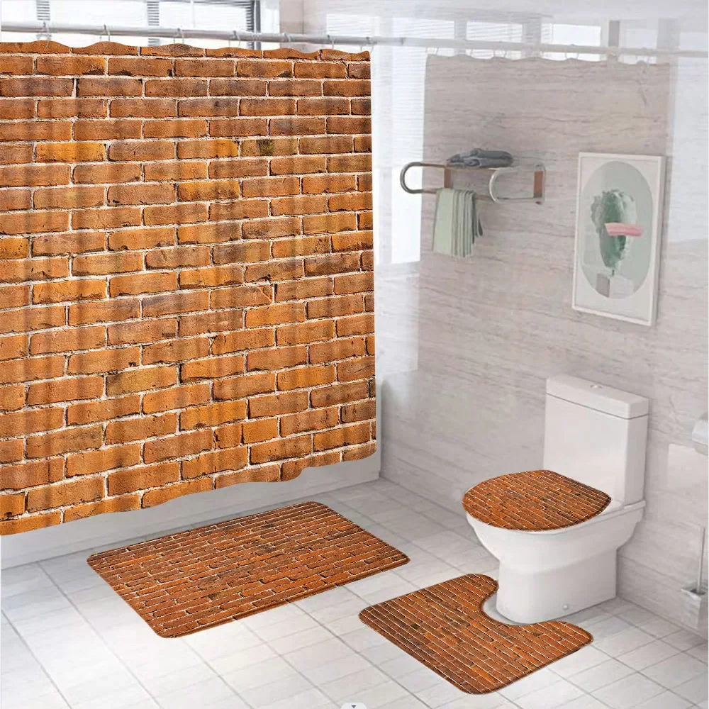 Red Brick Wall Shower Curtain Set Building Vintage Stone Brick Rocks Fabric Bathroom Curtains Non-Slip Bath Mat Rug Toilet Cover