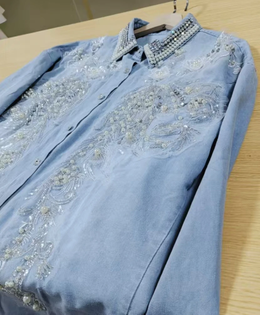 

High-end Pearls Embroidered Flares Cotton Denim Shirts Blouses For Women 2025 Spring Long Sleeve Oversized Single Breasted Tops