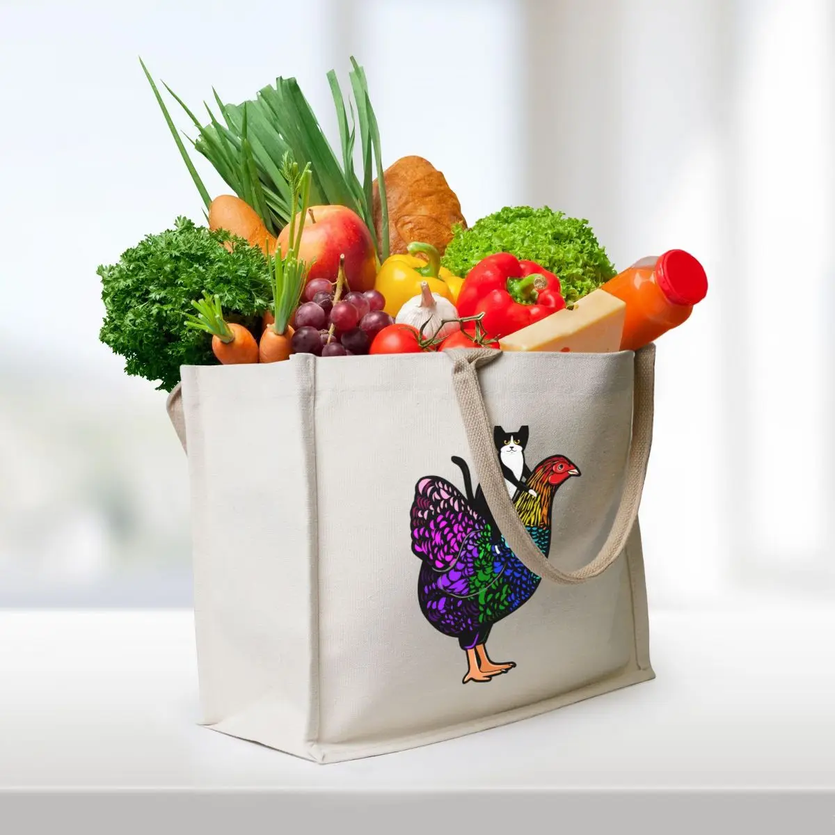 Rainbow Chicken Ride Tote Bag shopper bag woman eco bag folding Cloth bags