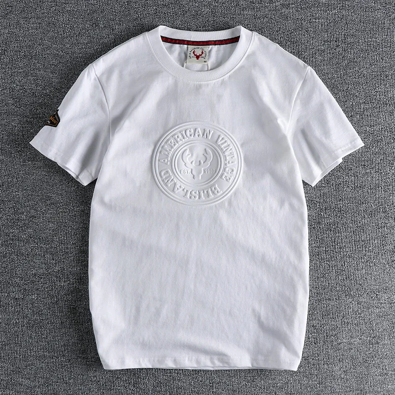 Personalized three-dimensional embossed pattern short sleeve T full cotton wash comfortable round neck half sleeve base top