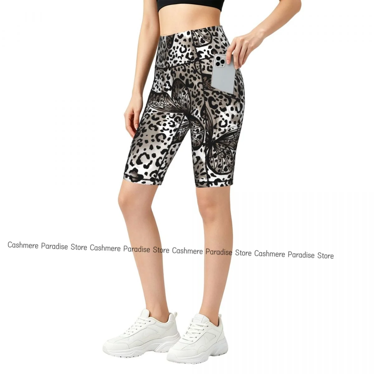 Leopard Butterfly Pattern Sport Yoga Shorts Pants Women Fitness High Waist Hip Lift Running Yoga Side Pockets Tights Sportswear