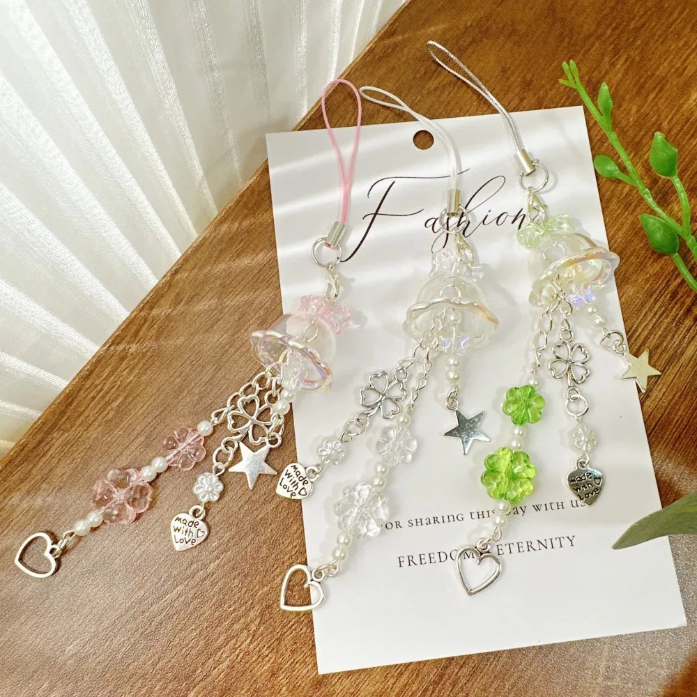 

Y2K Purple Clover Jellyfish Key Chain Wind Chimes Star Heart Beaded Keyring for Phone Camera Earphone Case Charm Pendant Keycord