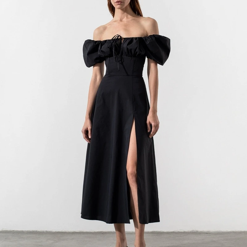 

2025 Cross Border European And American Spring/Summer French Long Skirt Women's Commuter Bubble Sleeve Lace Up Split Dress Women