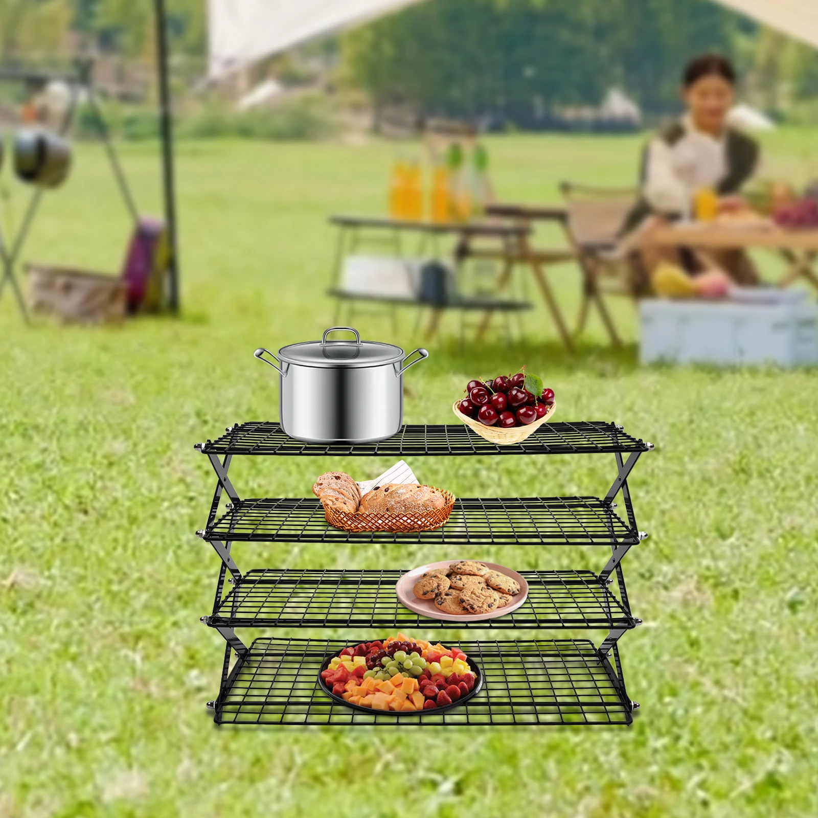 

4-Tiers Outdoor Folding Shelf Portable Barbecue Net Desk Camp Grill Storge Rack