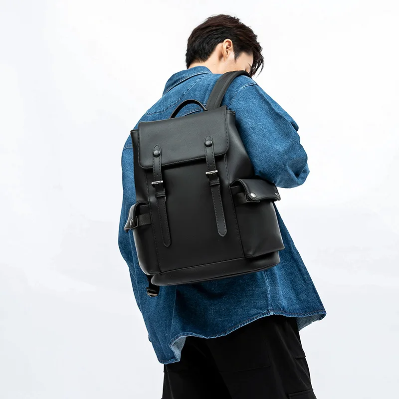 Imagem -02 - Mochila Casual de Couro pu Preto para Homens Bolsa de Viagem de Acampamento de Alta Capacidade Bolsa de Computador Bolsa de Escola de Estudante Moda