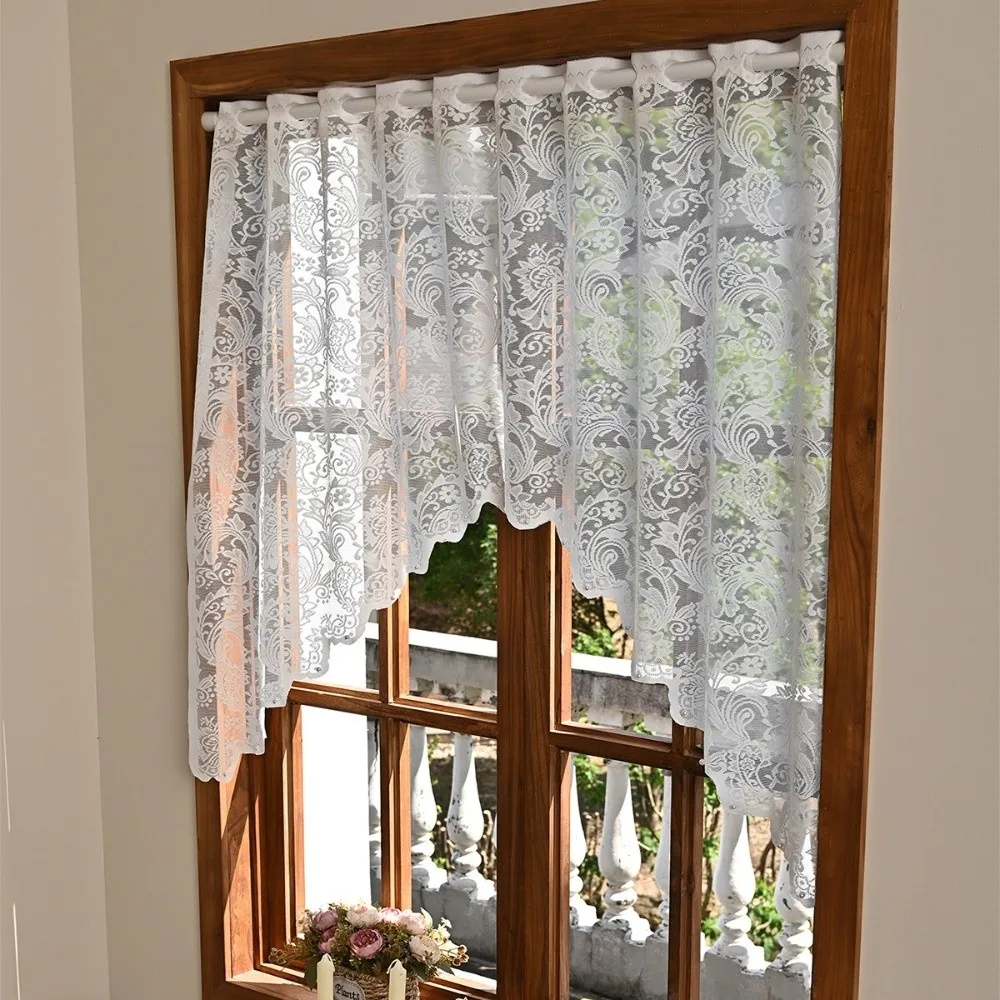 Decorative Flower Short Curtain Light Filtering White Lace Pearl Curtain Divider French Style Triangle Curtain Bedroom