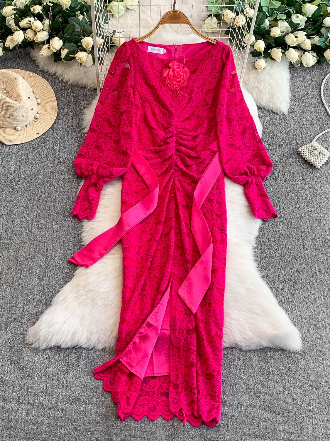 Ele Lace Lantern Sve Wedding Dr Women's Autumn Belted Long Dr High Waist A-Line Skirt Formal Ocn Dr