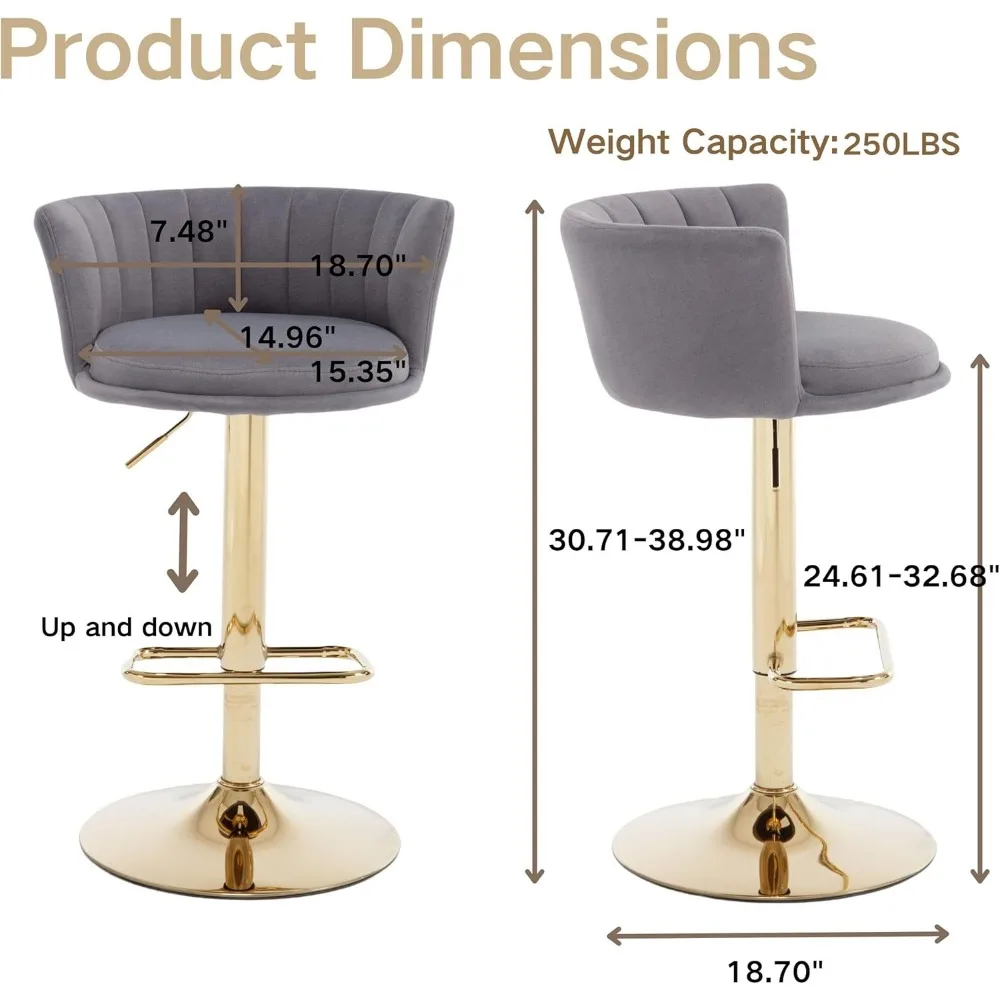 Conjunto de 4 bancos de bar ajustáveis, modernos 360 ° Bancos giratórios com base dourada, cadeiras de bar estofadas com apoio para os pés